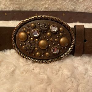 Brown Faux Leather Belt With Studs, Rhinestones, & Fleur-de-lis Studs 37”-41” XL